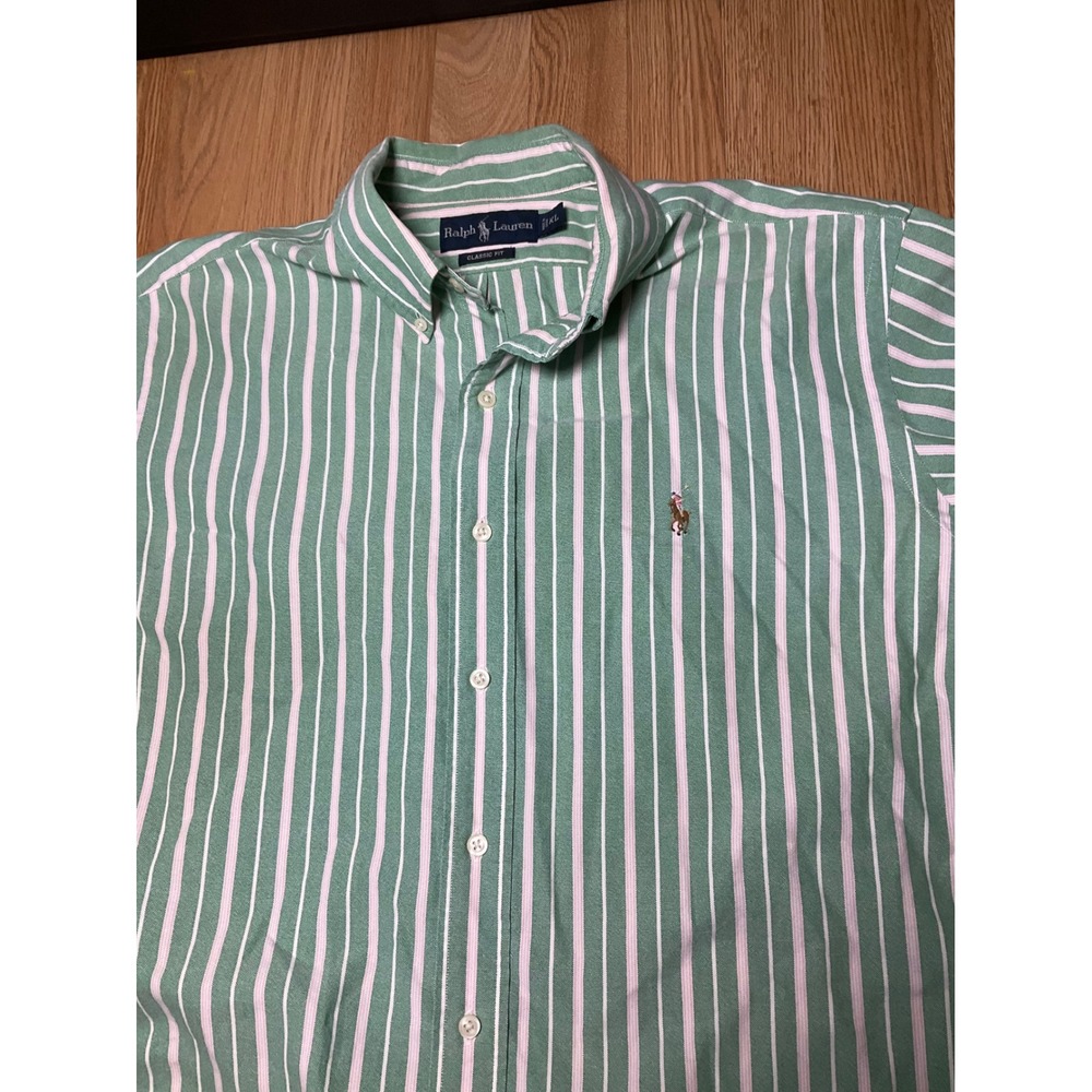 Ralph Lauren Mens XL Classic Fit Striped Oxford Shirt Green White Short Sleeve